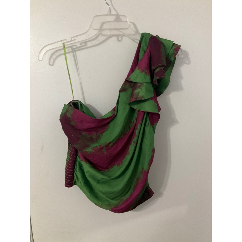 Free People x House of Aama One Shoulder Ruffle Top Green Magenta Tie Dye XL